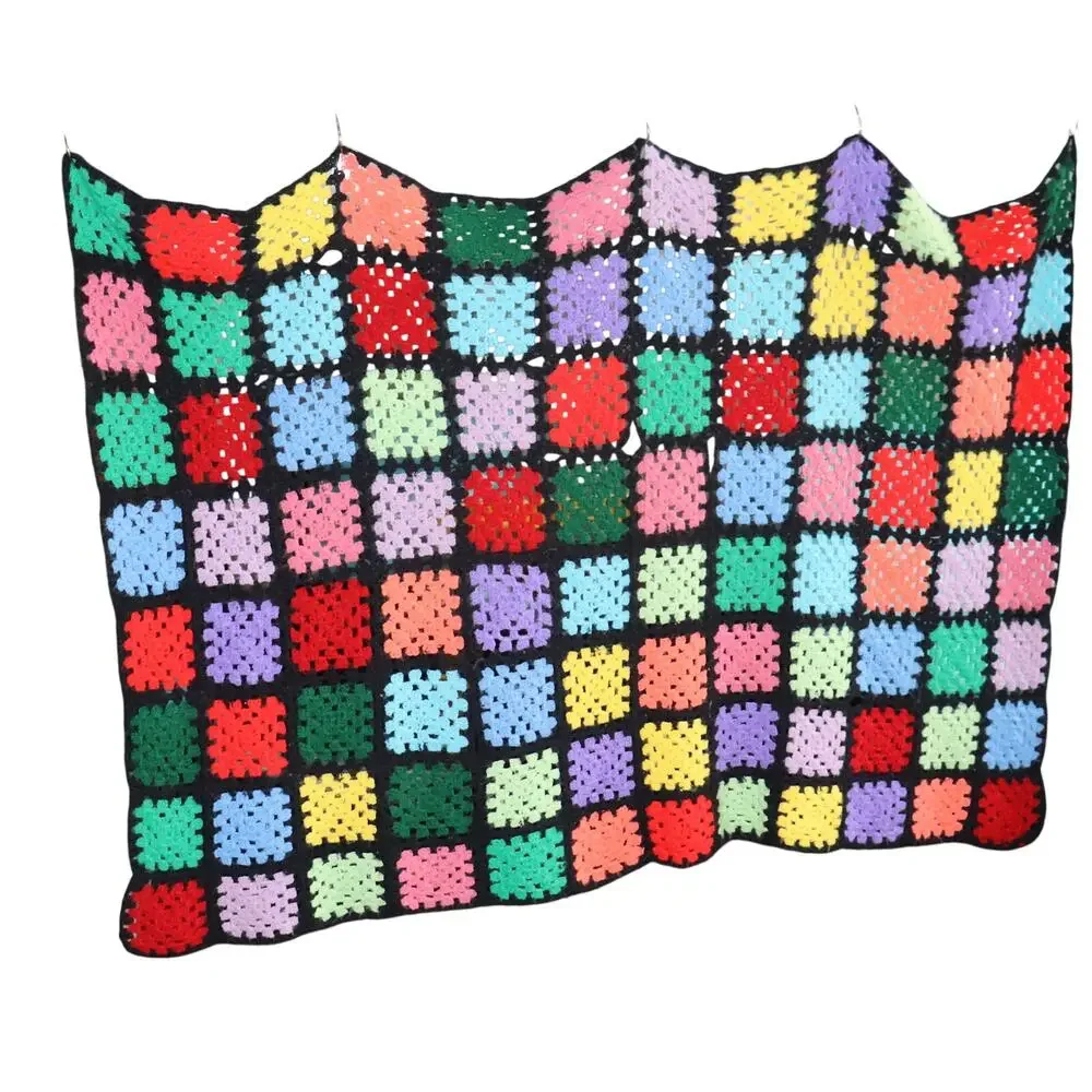 Vintage Granny Square Crochet Blanket 55x40 Black Multicolor